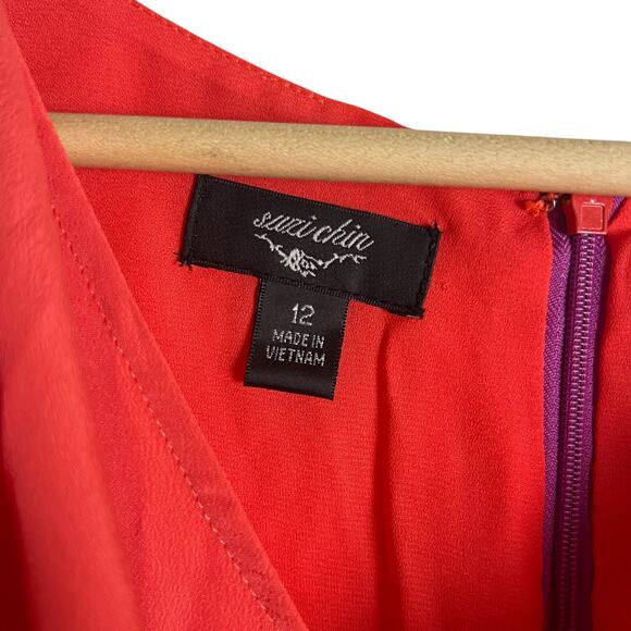 Suzy Chin Coral Purple Two-Tone Draped Faux Wrap Sleeveless Mini Dress Size 12 - Picture 6 of 12